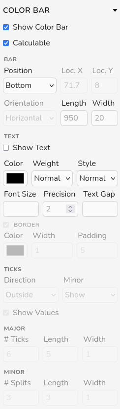 Color bar panel for calculable filters with configurable placement and text settings