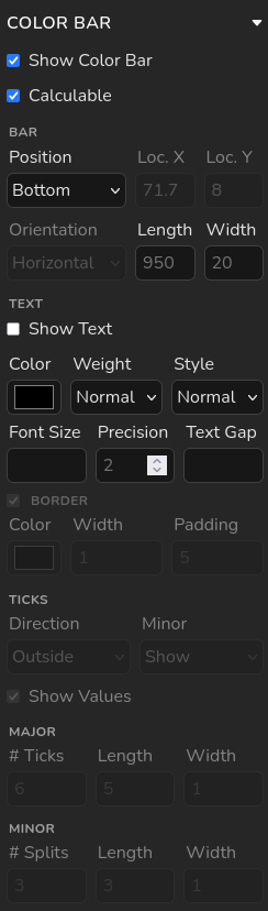 Color bar panel for calculable filters with configurable placement and text settings