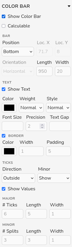 Color bar panel for non-calculable filters with placement and text settings