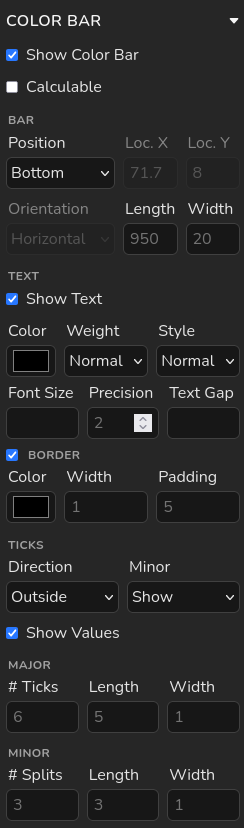 Color bar panel for non-calculable filters with placement and text settings