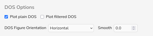 DOS options panel with plot toggles, orientation selector, and smoothing
