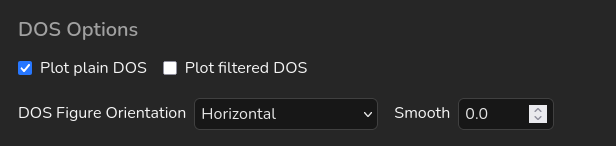 DOS options panel with plot toggles, orientation selector, and smoothing