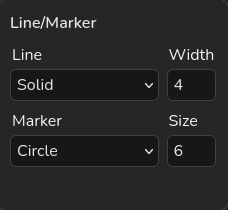 Filter line and marker panel showing line style, width, marker type, and marker size